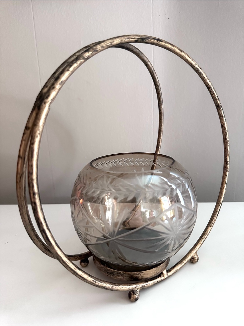 Etched Glass Globe With Distressed Brass Hoop Frame - Candle Holder or Planter